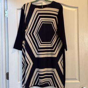 Ann Taylor Navy and Cream Geometric Long Sleeve Dress